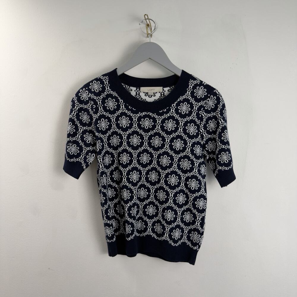 LOFT Outlet Navy & White Floral Short Sleeve Knit Sweater Top Women's Sz XS